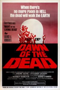DAWN OF THE DEAD 1978 movie poster featuring a head and face looming over the land as if a sunrise, title in red text