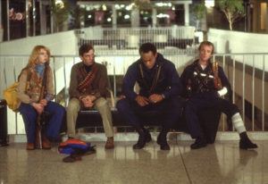 Dawn of the Dead 1978 mallrats Gaylen Ross, David Emge, Ken Foree, Scott H Reiniger sit on a bench inside the mall, pondering