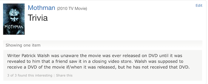 MOTHMAN (2010) the sole, sad bit of trivia on IMDB for this film