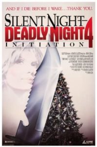 Promotional poster for Silent Night Deadly Night 4: Initiation featuring the serrated end of a knife leaned against a decorated Christmas tree, Fima looking onward, and a tagline that reads "And if I die before I wake...thank you."