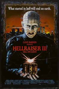 Promotional poster for Hellraiser 3 featuring Pinhead holding forth the glowing gold puzzle box. Title and "Clive Barker Presents" are in red text. White text tagline reads "What started in Hell will end on Earth"
