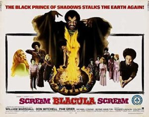 Promotional poster for Scream, Blacula, Scream featuring the full cast with Blacula in the center menacing over a fire. Tagline reads "The Black Prince of Shadows stalks the Earth again!"