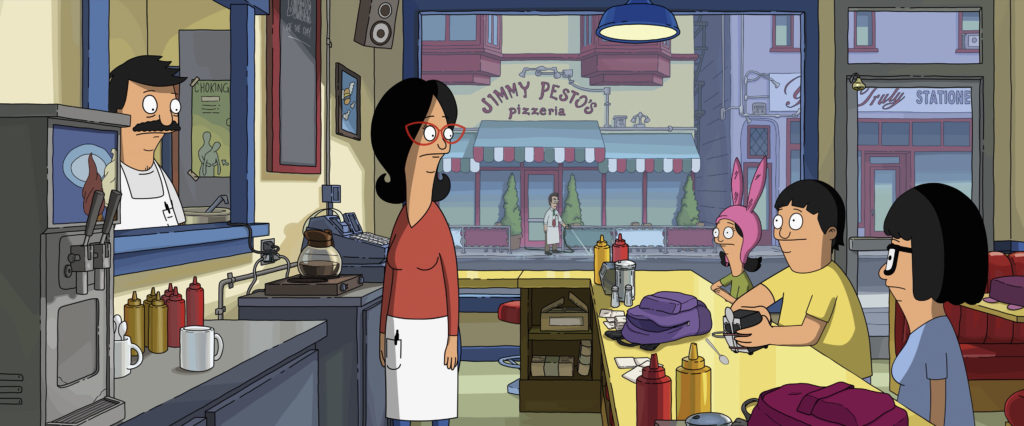 (L-R): Bob Belcher (voiced by H. Jon Benjamin), Linda Belcher (voiced by John Roberts), Louise Belcher (voiced by Kristen Schaal), Gene Belcher (voiced by Eugene Mirman), and Tina Belcher (voiced by Dan Mintz) gather at the restaurant in 20th Century Studios' THE BOB'S BURGERS MOVIE.